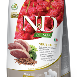 N&D Quinoa Neutered Dog Adult Med&Maxi Duck гранули без зърно за кастрирани кучета